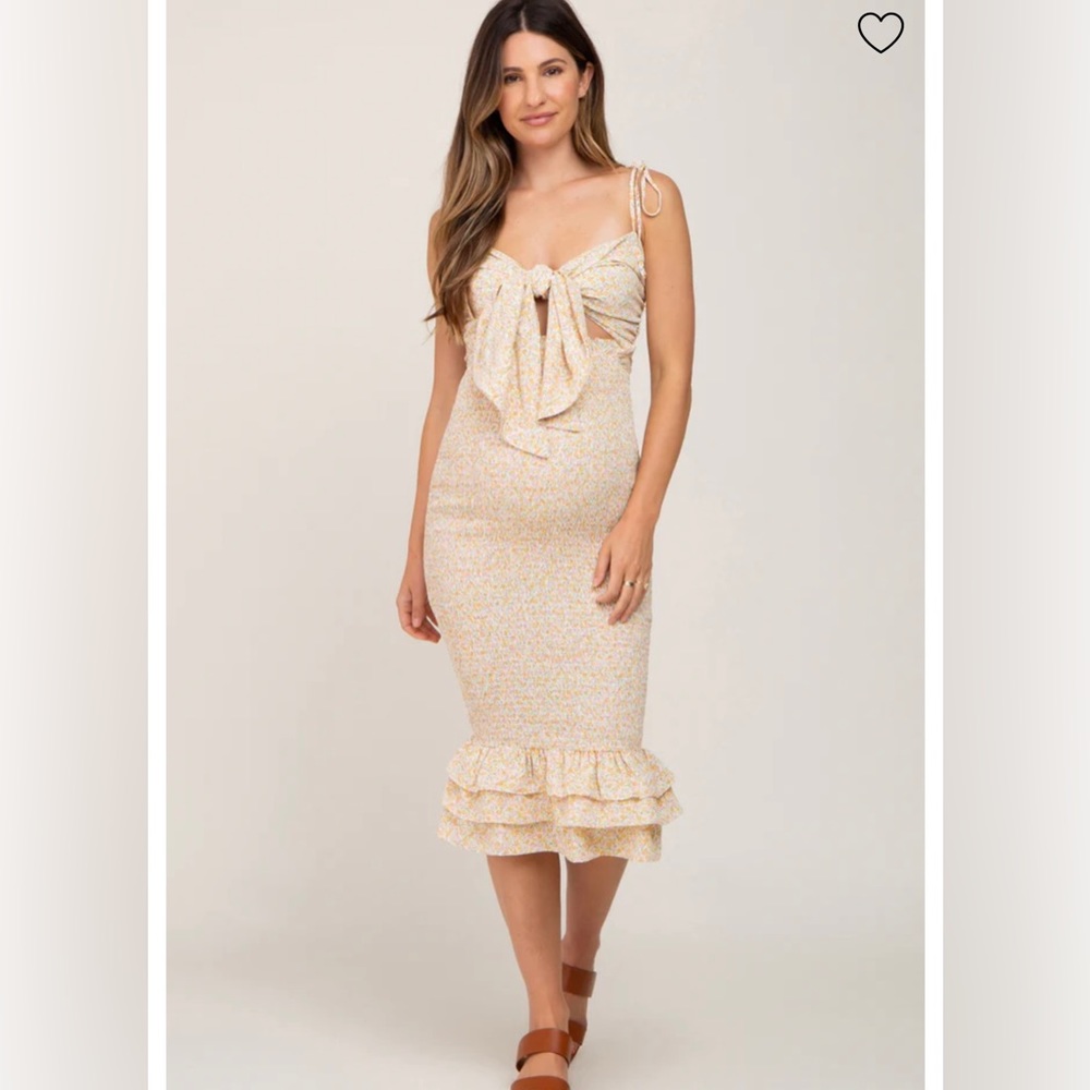 Yellow, floral maternity dress from pink blush can be worn as normal dress.